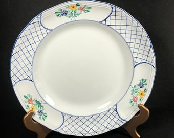 Herend Village pottery 13" plate, blue white lattice flowers platter