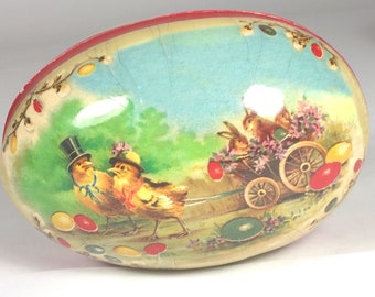 Vintage German Paper Mache Easter Egg, Easter Chicks and bunny candy Container, Easter decoration