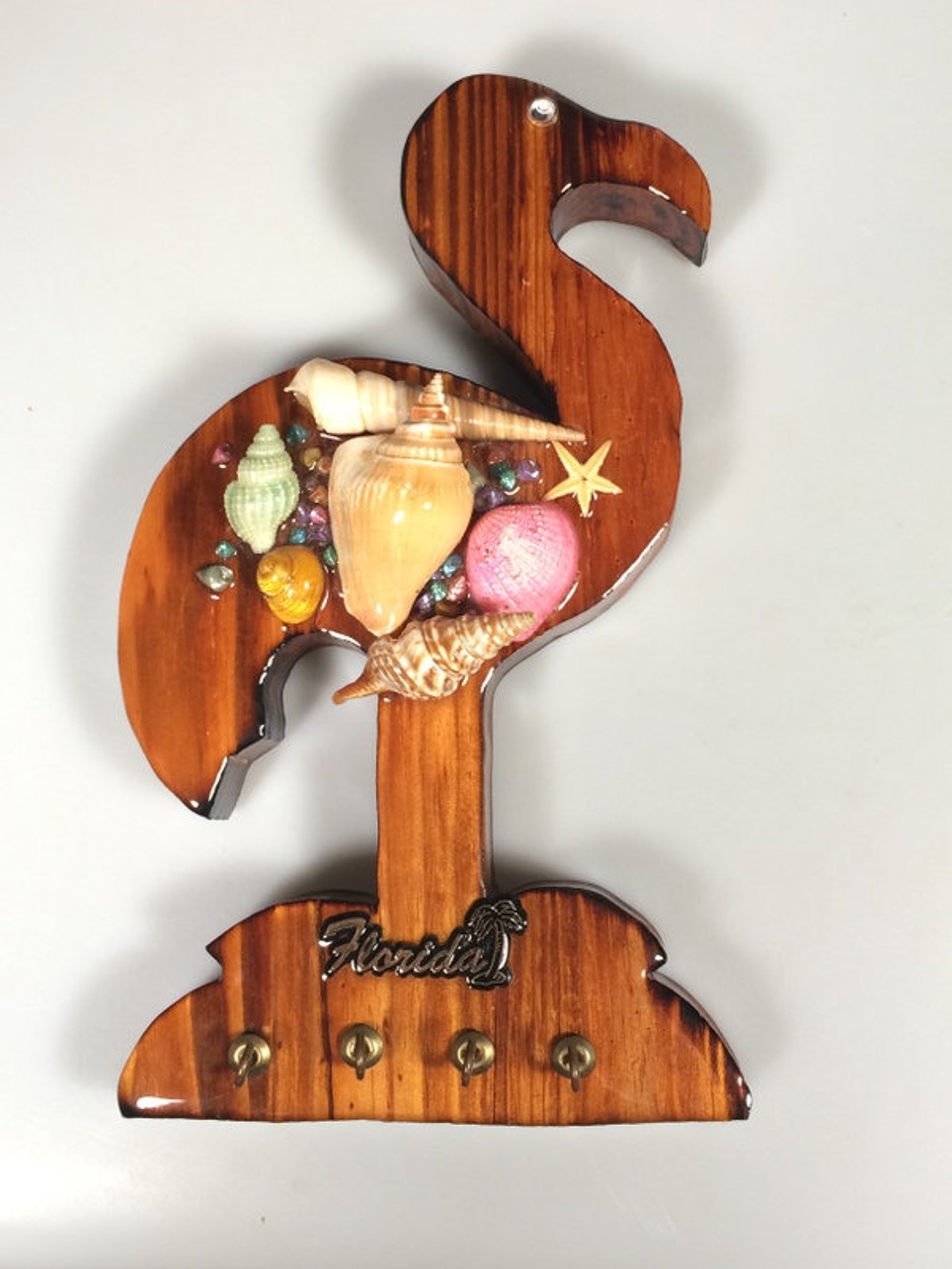 Vintage flamingo key holder Florida wood key hanger seashell Etsy