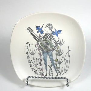 Scandinavian Modern ceramic plate, Danish modern Handpainted Plate, retro MCM Stavangerflint Inger Waage Man with Mandolin
