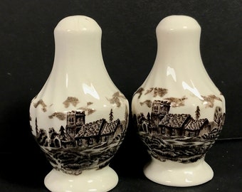 Staffordshire Brown Transferware Royal Mail Salt and Pepper Shakers