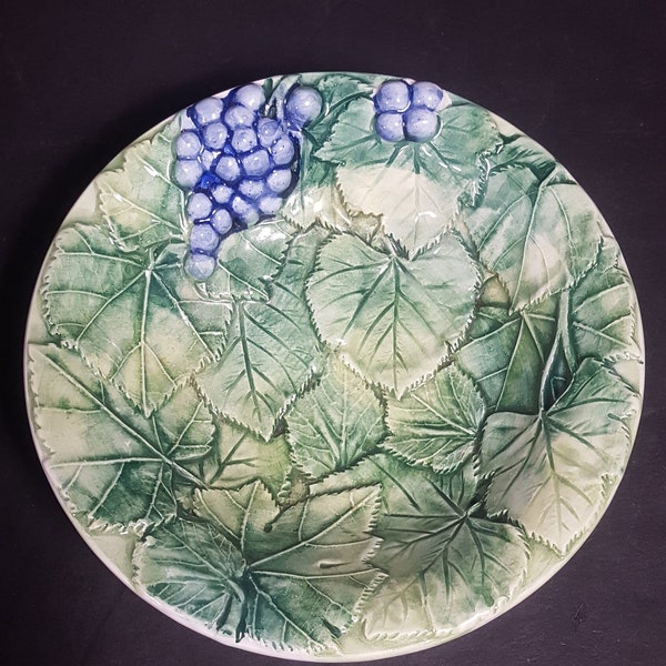 majolica bowl, embossed grapes, leaves hand painted made in Italian dinnerware