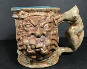 Rumph Mug monster beer stein, ogre naughty handle Studio Art pottery
