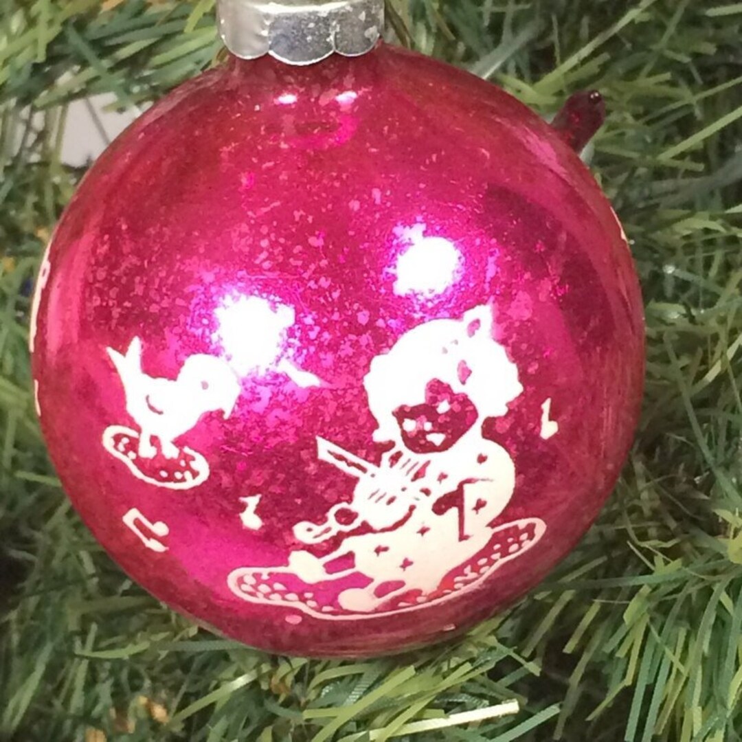 Vintage Glass Christmas Ornament Stenciled Pink Child Playing Etsy