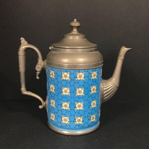 Antique Graniteware & Pewter Pitcher Blue with Flowers Manning Bowman