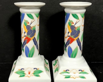 Vintage bird candlesticks tropical flowers