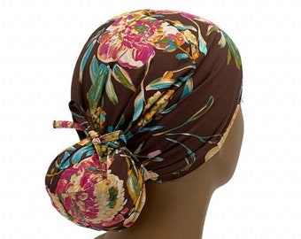 Gorro quirúrgico floral para coleta, color marrón, Ava, ajustable, para enfermeras, fabricado en EE. UU.