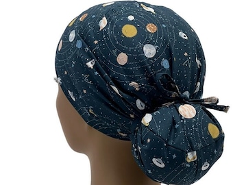 Ava Ponytail Scrub Cap, Space and Smiling Planets Print , Cotton Nurse Surgical Cap, USA Made