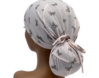 STRETCH Ponytail Scrub Cap, Butterfly Print, Jersey Knit ,Adjustable Tie, USA Made