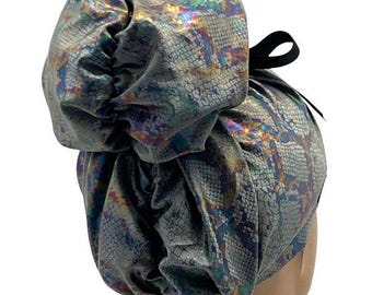 STRETCH High Bun Scrub Cap ,Metallic Gray  Snake Print  , Ponytail Surgical Cap USA Made