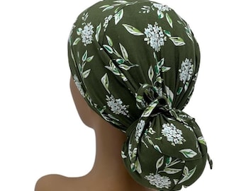 STRETCH Ponytail Scrub Cap, Floral Jersey Knit, Adjustable Surgical Nurse Cap, USA Made