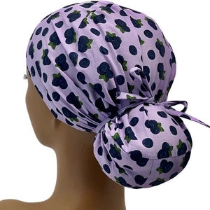 Ava Ponytail Scrub Cap ,Bluberries on Lavender, Cotton Nurse Surgical Cap, Adjustable ,UAS Made