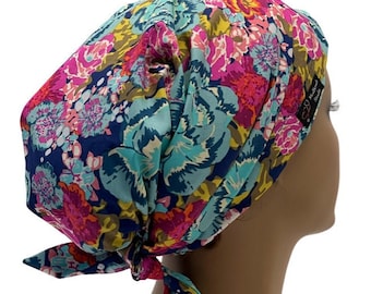 Olivia ,Floral Ponytail Scrub Cap, Royal Blue, Pink and Aqua Flowers ,USA Made