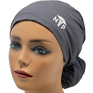 May include: Gray scrub hat with a white embroidered medical symbol and the letters "NP".