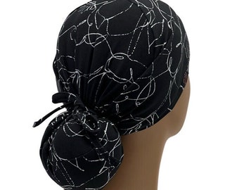 STRETCH Ponytail Scrub Cap, White Abstract on Black, Jersey Knit ,Adjustable Tie.