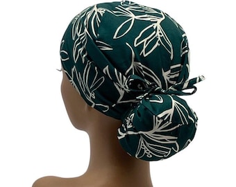 Ava Ponytail Scrub Cap, Forest green /Beige scrub cap, Nurse Surgical Cap  Adjustable Tie Back ,USA Made