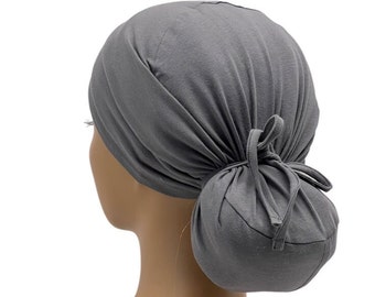 STRETCH , Jersey Knit Ponytail Scrub Cap, Gray Surgical Nurse Cap , Adjustable Tie ,USA Made