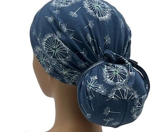Gorro quirúrgico de algodón elástico con coleta, estampado de diente de león, fabricado en EE. UU.