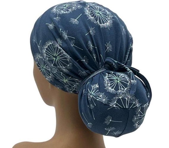 STRETCH Cotton Ponytail Scrub Cap, Dandelion Print Surgical Nurse Cap ,USA Made