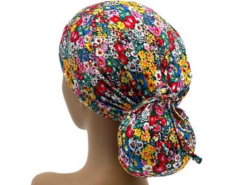 STRETCH Floral  Ponytail Scrub Cap, Surgical Nurse Cap ,Jersey knit cap,USA Made