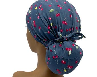 STRETCH Cotton Jersey Knit Ponytail Scrub Cap,  Cherries on Steel Blue Print , Ava Surgical Nurse Cap,USA Made