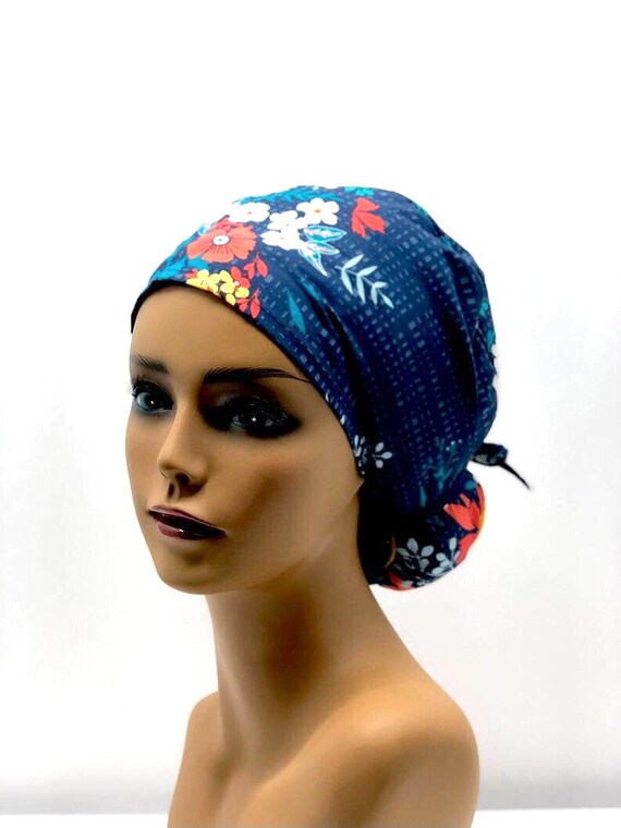 Women Scrub caps100cottonnavy and flowersmade in Etsy
