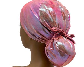 Gorro quirúrgico elástico con cola de caballo, color rosa/naranja, con efecto teñido anudado