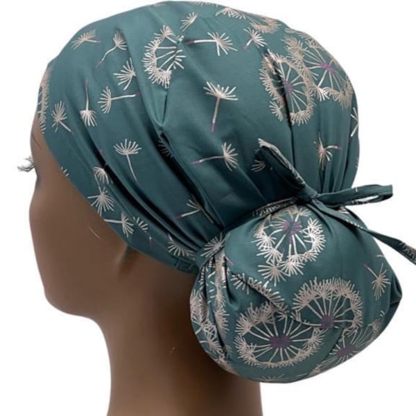 Ponytail Scrub Cap, Blue Green Dandelion Print, Adjustable Tie Back, Surgical Nurse Hat
