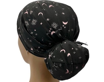 Ava Ponytail Scrub Cap, Pink Stars and Moon, Nurse Surgical Cap