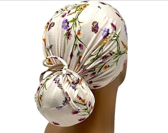 STRETCH  Ponytail Scrub Cap, Cream& multicolorer flowers,  Ava Jersey Knit Nurse Cap,Adjustable Tie, USA Made