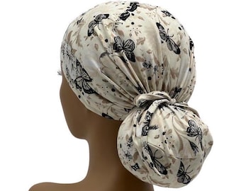 Gorro quirúrgico elástico con cola de caballo tipo mariposa, gorro de enfermera quirúrgica de punto jersey color crema, con lazo ajustable, fabricado en EE. UU.