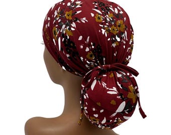 STRETCH Ponytail Scrub Cap, Floral Jersey Knit, Soft ,Adjustable , Made in USA