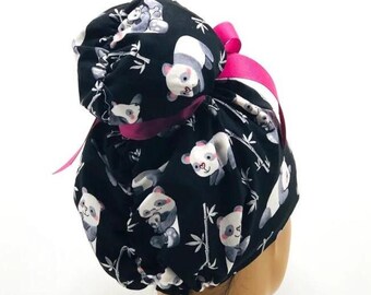Emma high bun PANDA scrub cap, Emma scrub cap, ponytail scrub caps, scrub cap for women, surgical cap, Veterinarian scrub cap, bun scrub cap