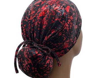 STRETCH Red and Black Foil Tie Dye Ponytail Scrub Cap, Oil Slick