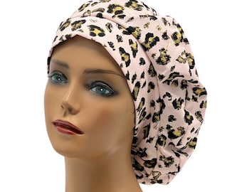 Lily Bouffant Scrub Cap, Pink Leopard Print, Adjustable Elastic Toggle