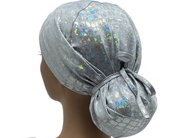 STRETCH  Ponytail Scrub Cap,Ava silver/white foil tie dye oil slick,scrub cap for women,Ponytail scrub cap,surgical cap, nurse scrub cap
