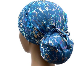 Gorro quirúrgico elástico con coleta, gorro quirúrgico azul Ava y plateado para mujer, gorro quirúrgico con coleta, gorro quirúrgico para mujer, gorro quirúrgico, gorro quirúrgico de enfermera