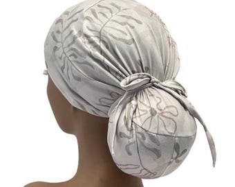 STRETCHJersey Knit Ponytail Scrub Cap, Cream /Ivory Floral Print, Made in USA