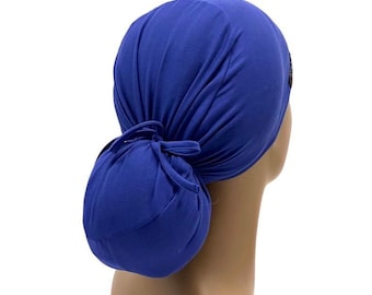 Gorro quirúrgico elástico con cola de caballo, tejido de punto jersey azul rey, gorro de enfermera quirúrgica