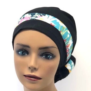 Ava Ponytail Scrub Cap,Black with flowers on blue background scrub cap for women,Ponytail scrub cap for women,surgical cap,nurse scrub cap