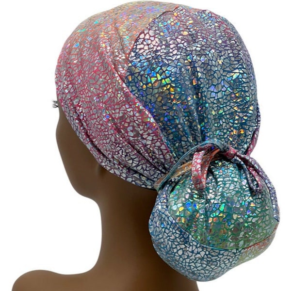 Stretch Ponytail Scrub Cap,Ava Mermaid Metallic scrub cap for women, Ponytail scrub cap, Scrub cap for women, surgical cap, nurse scrub cap