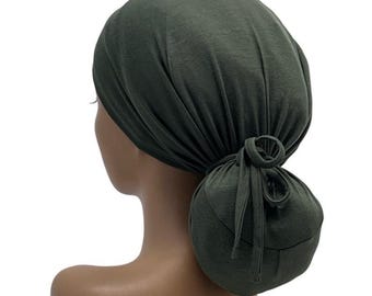 STRETCH  Ponytail Scrub Cap, Dark Olive, Jersey Knit Nurse Hat , Adjustable Tie, USA Made