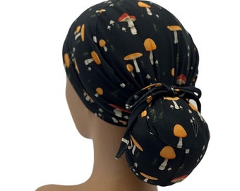 STRETCH ,Mushroom Print Ponytail Scrub Cap, Stretchy Jersey Knit, Nurse Surgical Cap,Adjustable Tie.