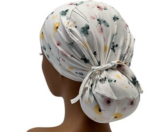 STRETCH Floral Ponytail Scrub Cap, Stretchy Jersey Knit, Nurse Surgical Cap,USA Made
