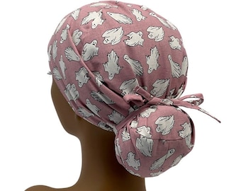 Ava Ponytail Scrub Cap, Women's Nurse Surgical Cap, Halloween Pink Ghost Print USA Made