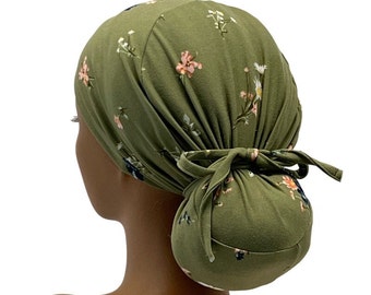 Gorro quirúrgico elástico de punto jersey para coleta, color verde salvia floral