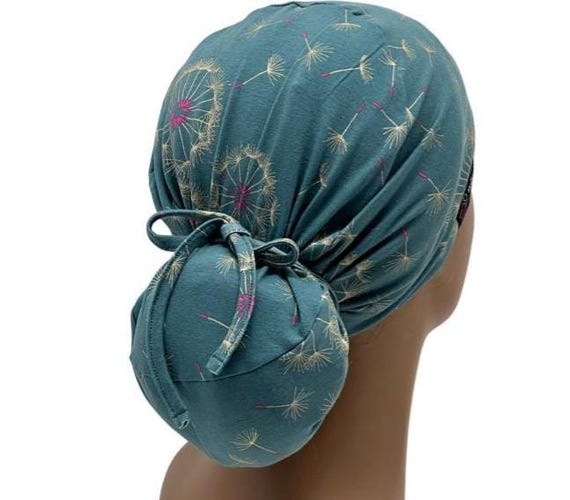 STRETCH Cotton Ponytail Scrub Cap ,Green/gold/fuchsia , Dandelion Print Surgical Nurse Cap ,USA Made