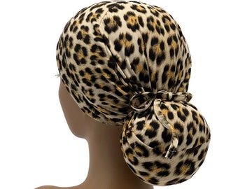 STRETCH Animal Print Ponytail Scrub Cap, Ava Stretch Jersey Knit, Made in USA