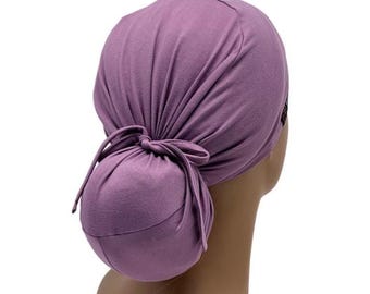 STRETCH ,Ponytail Jersey Knit  Scrub Cap, Mauve  Surgical Cap