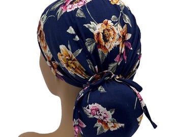 STRETCH Floral Ponytail Scrub Cap  Jersey  Knit Nurse Hat, Surgical Cap USA Made